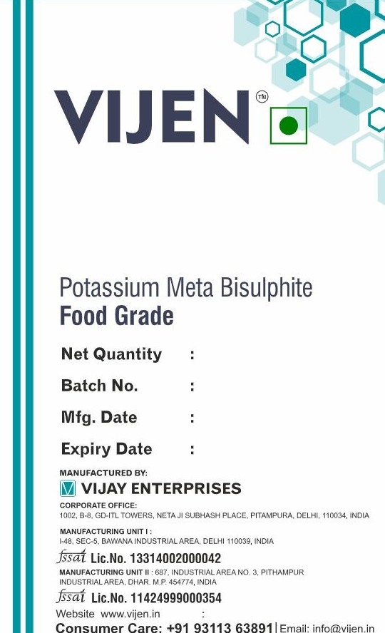 Approved VIJEN packaging artwork for Potassium Meta Bisulphite