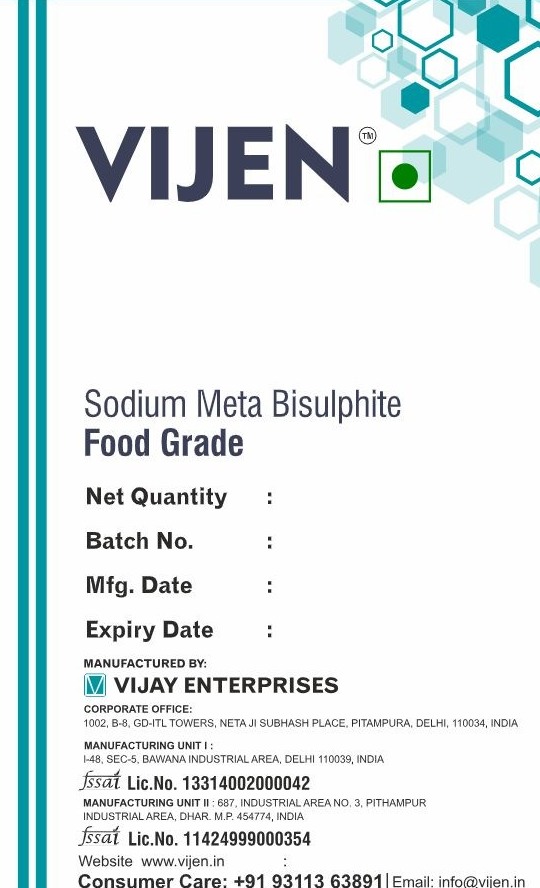 Approved VIJEN packaging artwork for Sodium Meta Bisulphite