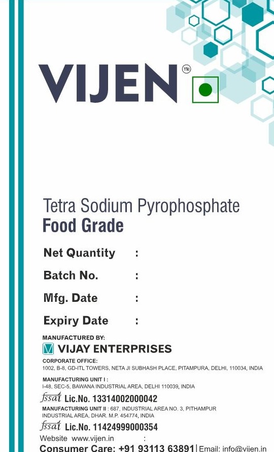 Approved VIJEN packaging artwork for Tetra Sodium Pyrophosphate