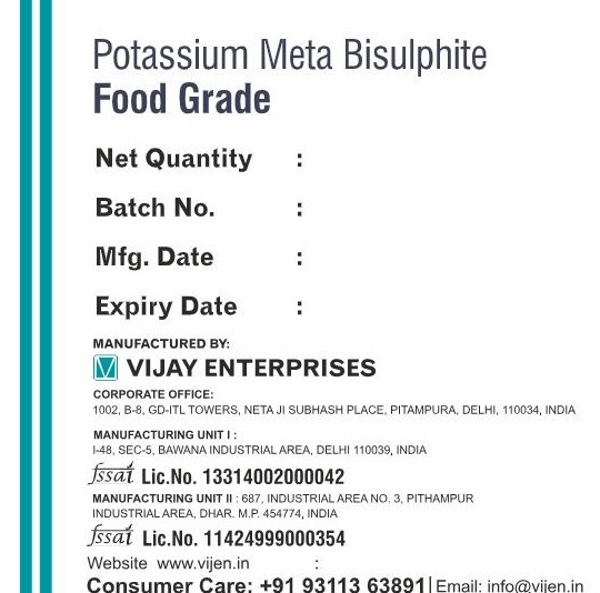 Potassium Meta Bisulphite packaging label