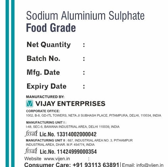 Sodium Aluminium Sulphate packaging label