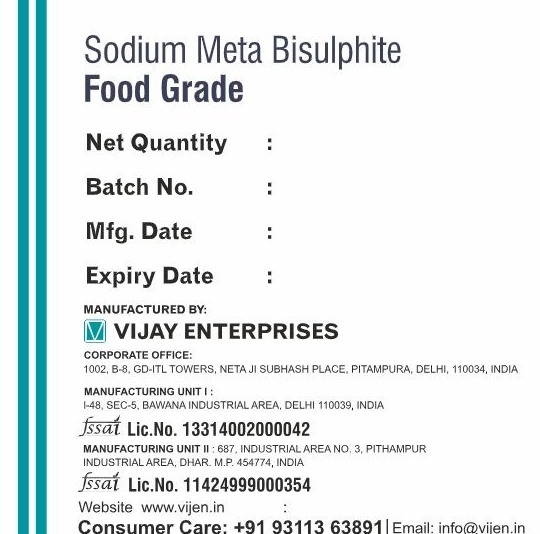 Sodium Meta Bisulphite packaging label